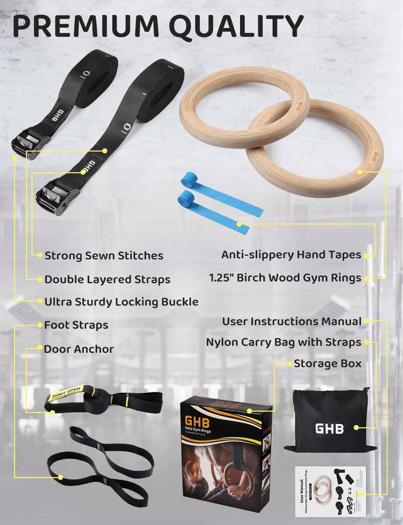 GHB Gymnastic Rings Wooden Gym Rings 1.25" Olympic Rings Adjustable Straps Pull Up Rings Sets for Workout Bodyweight Fitness Training - Image 3